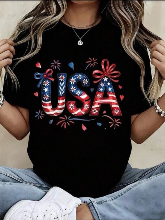 Tops - USA Patriotic Graphic Tee Black Fourth of July Fireworks Shirt American Casual